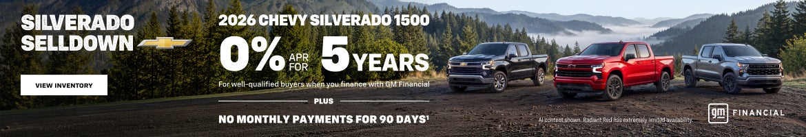 2026 Chevy Silverado 1500. 0% APR for 5 years. For well-qualified buyers when you finance with GM...